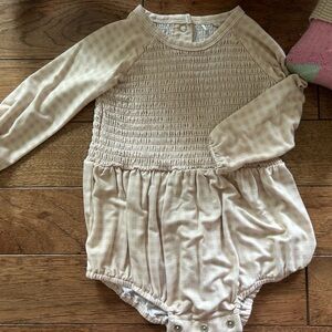 Long-Sleeve Smocked Baby Dress Romper - Cream